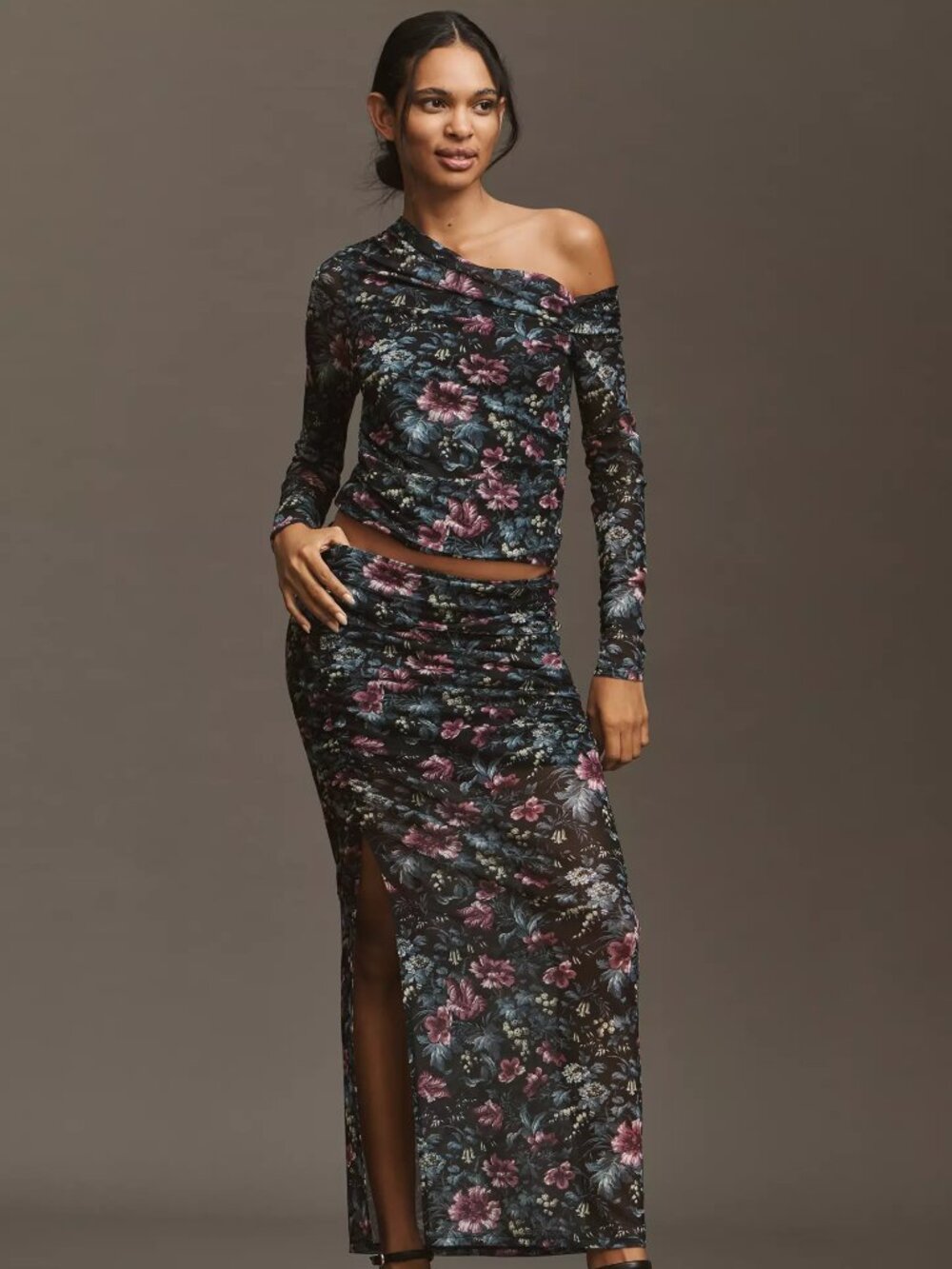 Anthropologie Mesh Long-Sleeve Asymmetric Top, Black Pattern, L - Picture 3 of 4